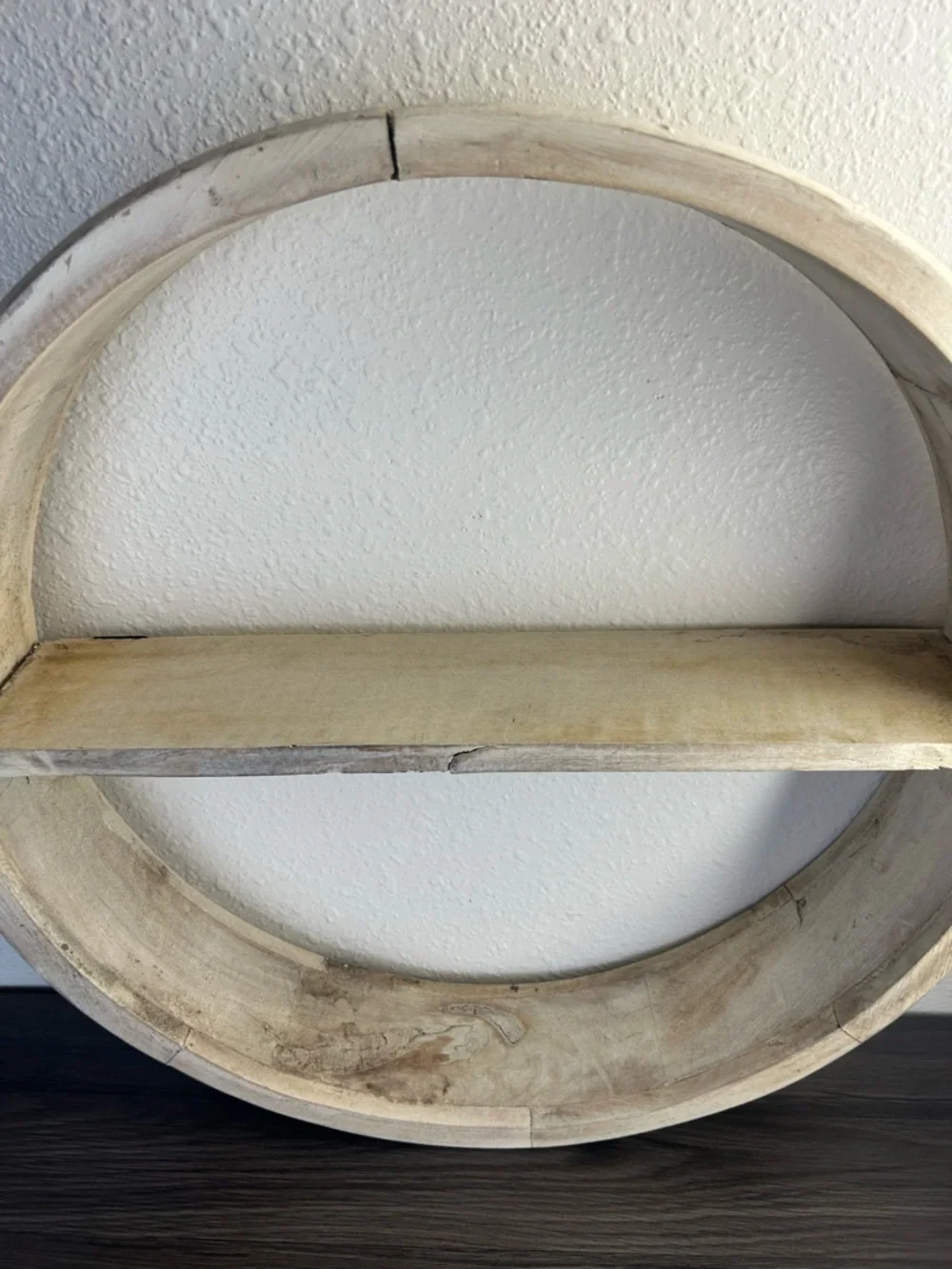 Vintage Round Wood Wall Shelf Rustic Whitewashed Farmhouse 20.5”